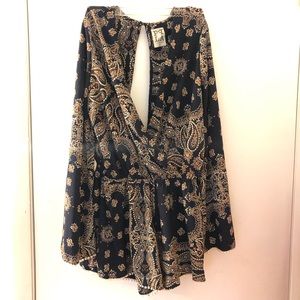 Navy Paisley long sleeve romper